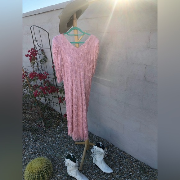 Vintage disco cowgirl Taylor swift like pink midi maxi fringe western dress - Picture 9 of 14